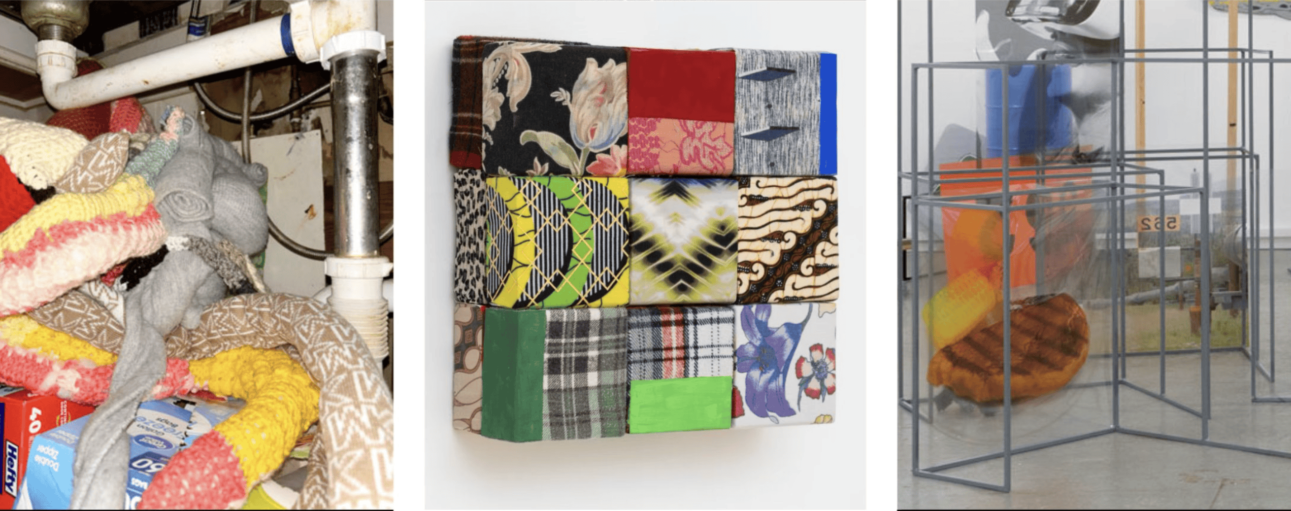 Vibrant fabric art installation and organized textile collections at Time & Space Limited.