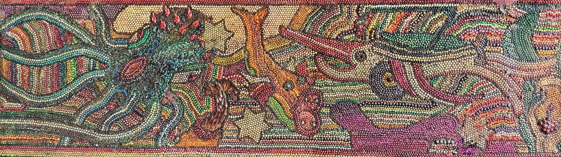 Beaded mural with undersea creatures.