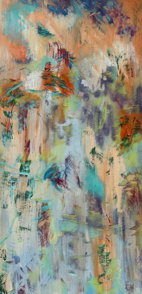 Abstract oil painting with orange and blue hues.