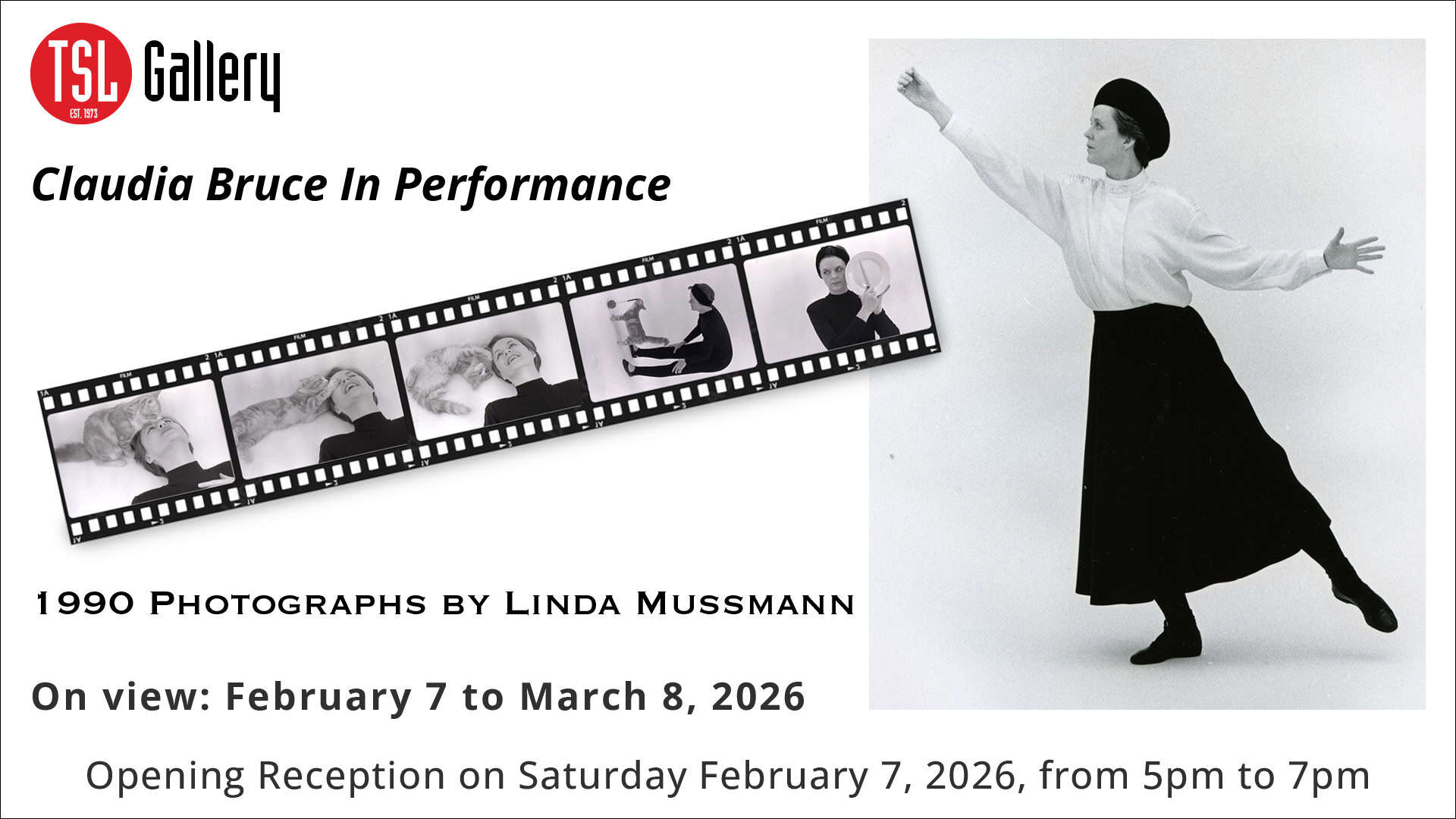 Claudia Bruce performing on stage in a black skirt and white top, expressive dance pose.