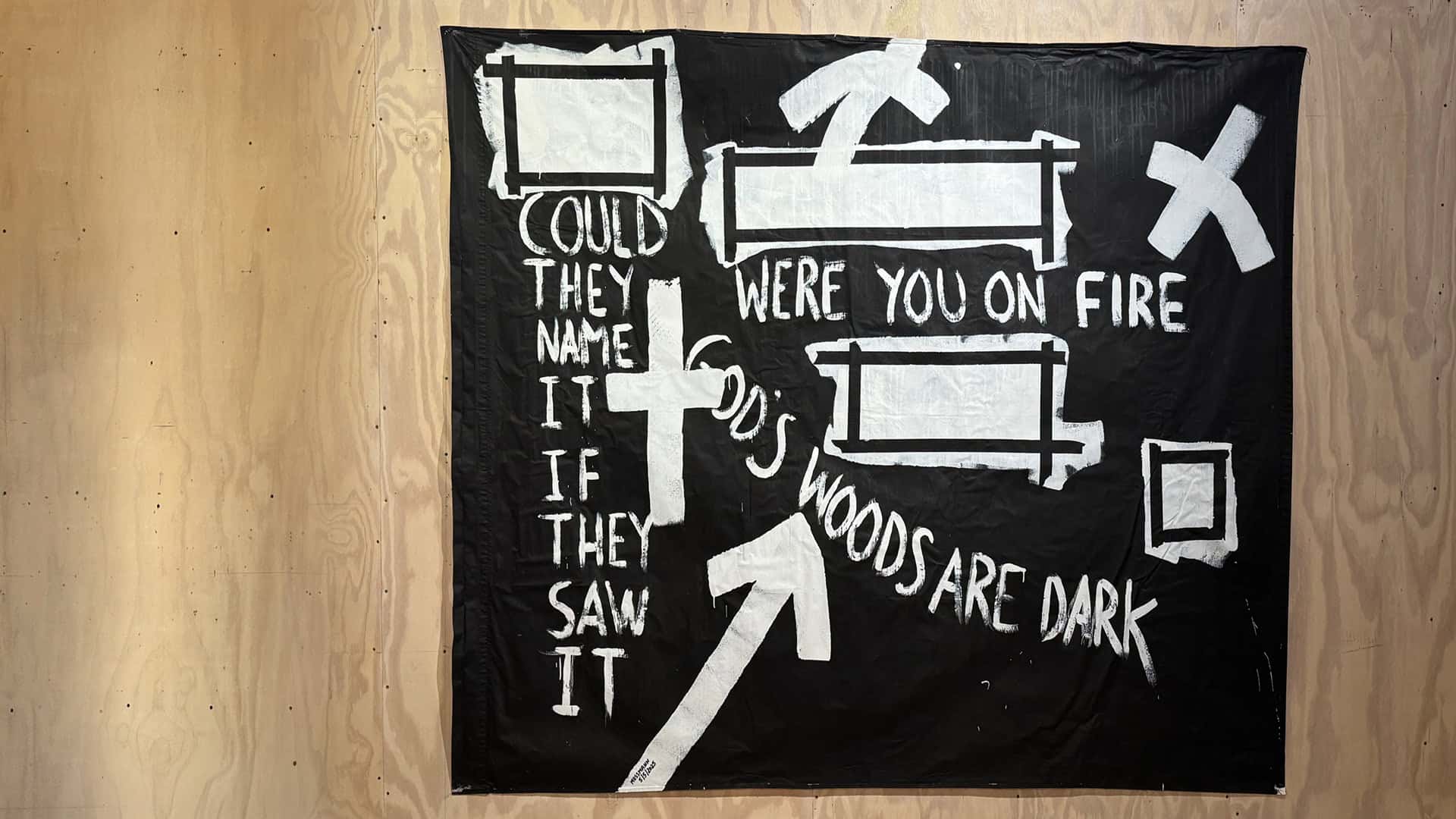 Abstract black and white artwork with text and arrows, part of SHEBANG by Linda Mussmann.