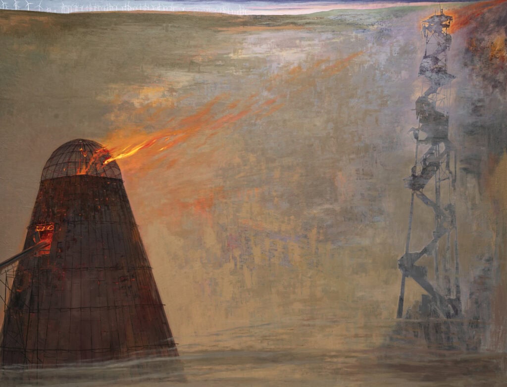 Fire at nuclear power plant cooling tower with smoke and flames.