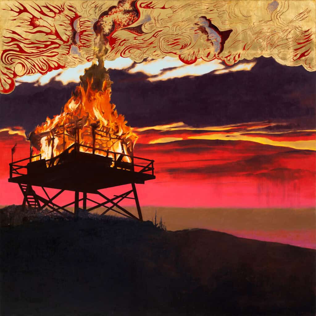 Burning platform with flames and smoke during a vivid sunset sky.