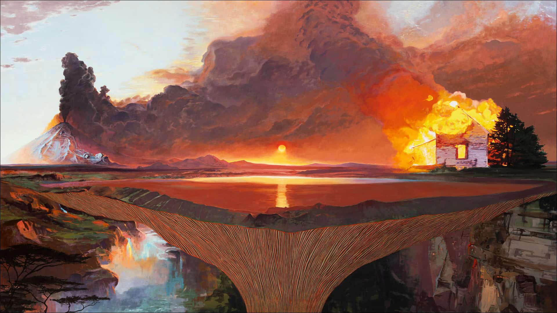 Volcanic eruption with fiery sky and smoke over landscape.