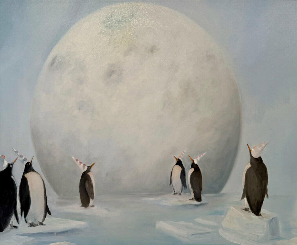 Penguins walking on ice with a large full moon in the background.