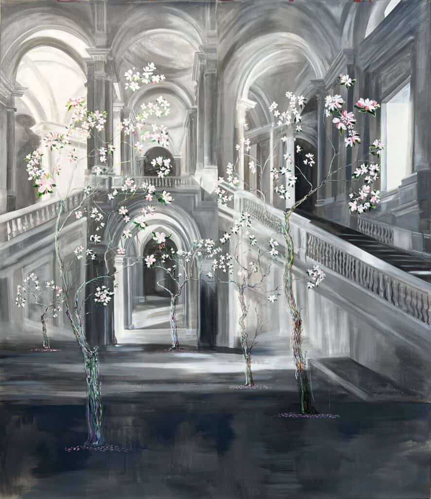 Elegant architectural interior with blooming cherry blossom trees in a grand, classical building.