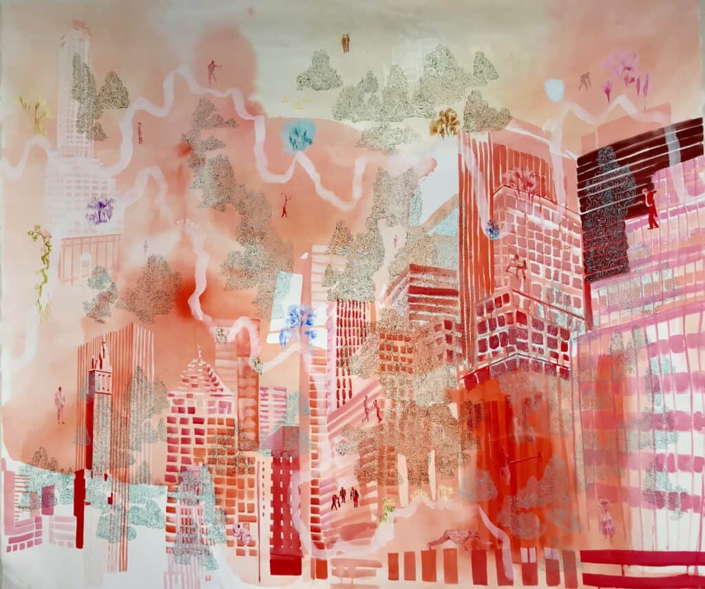 Urban landscape with abstract cityscape and vibrant colors.