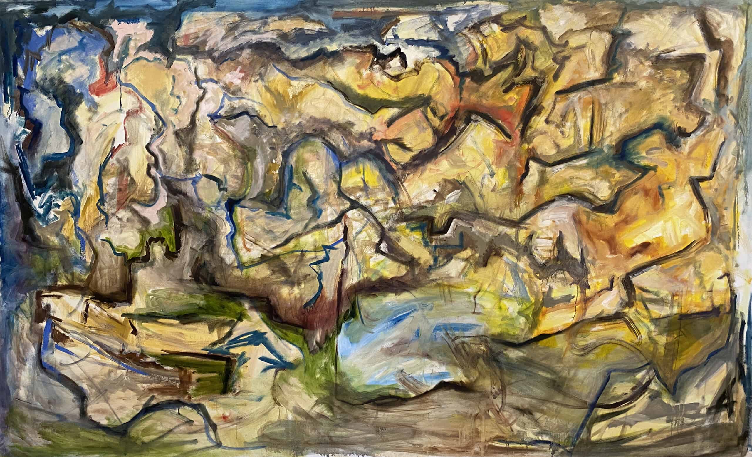 Abstract landscape painting with vibrant, swirling colors and dynamic brushstrokes.