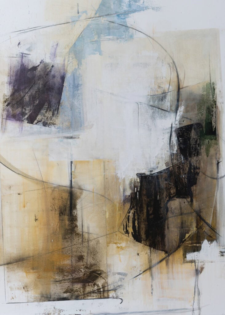 Abstract painting featuring geometric shapes and textured layers by Frank Tartaglione.