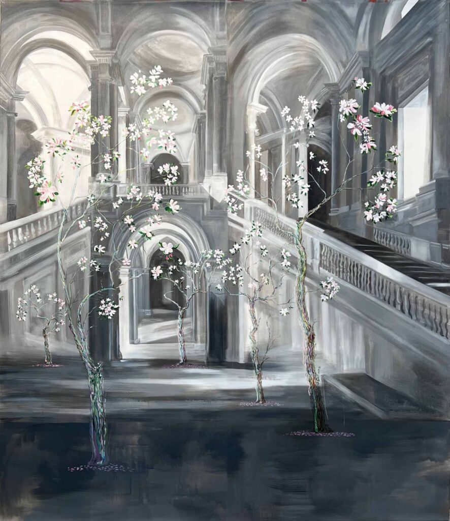 Elegant architectural interior with blooming cherry blossom trees in a grand, classical building.