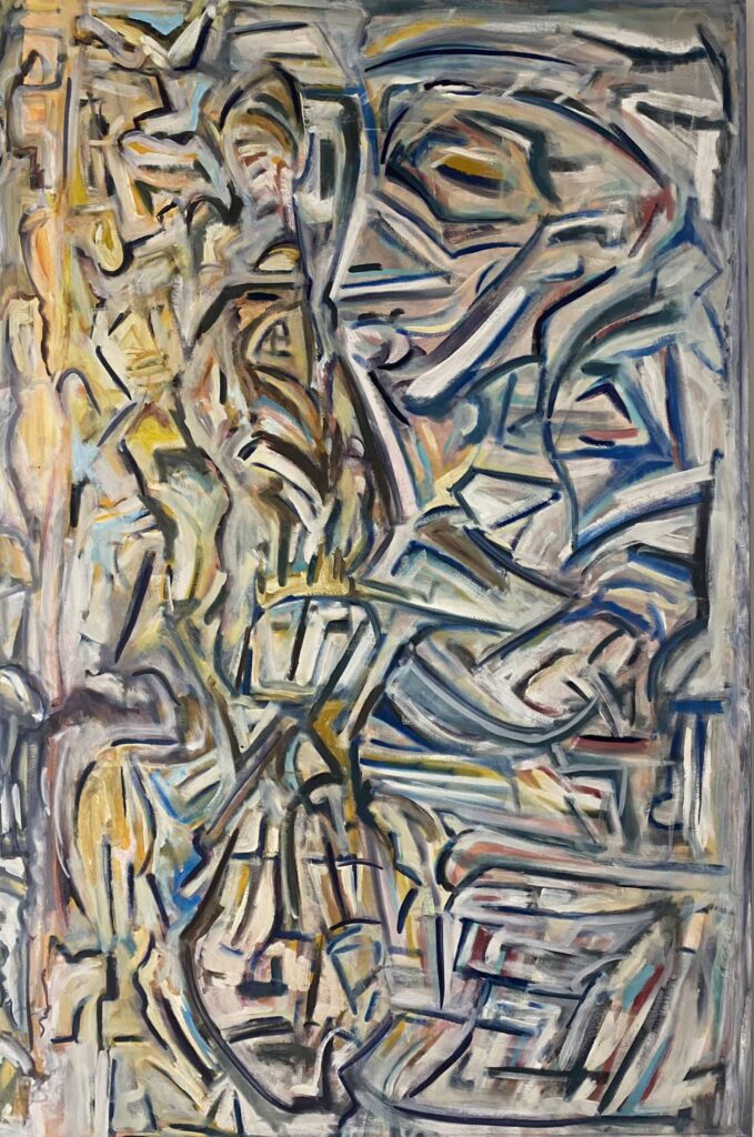 Abstract expressionist artwork featuring bold, energetic strokes and a mix of warm and cool tones.